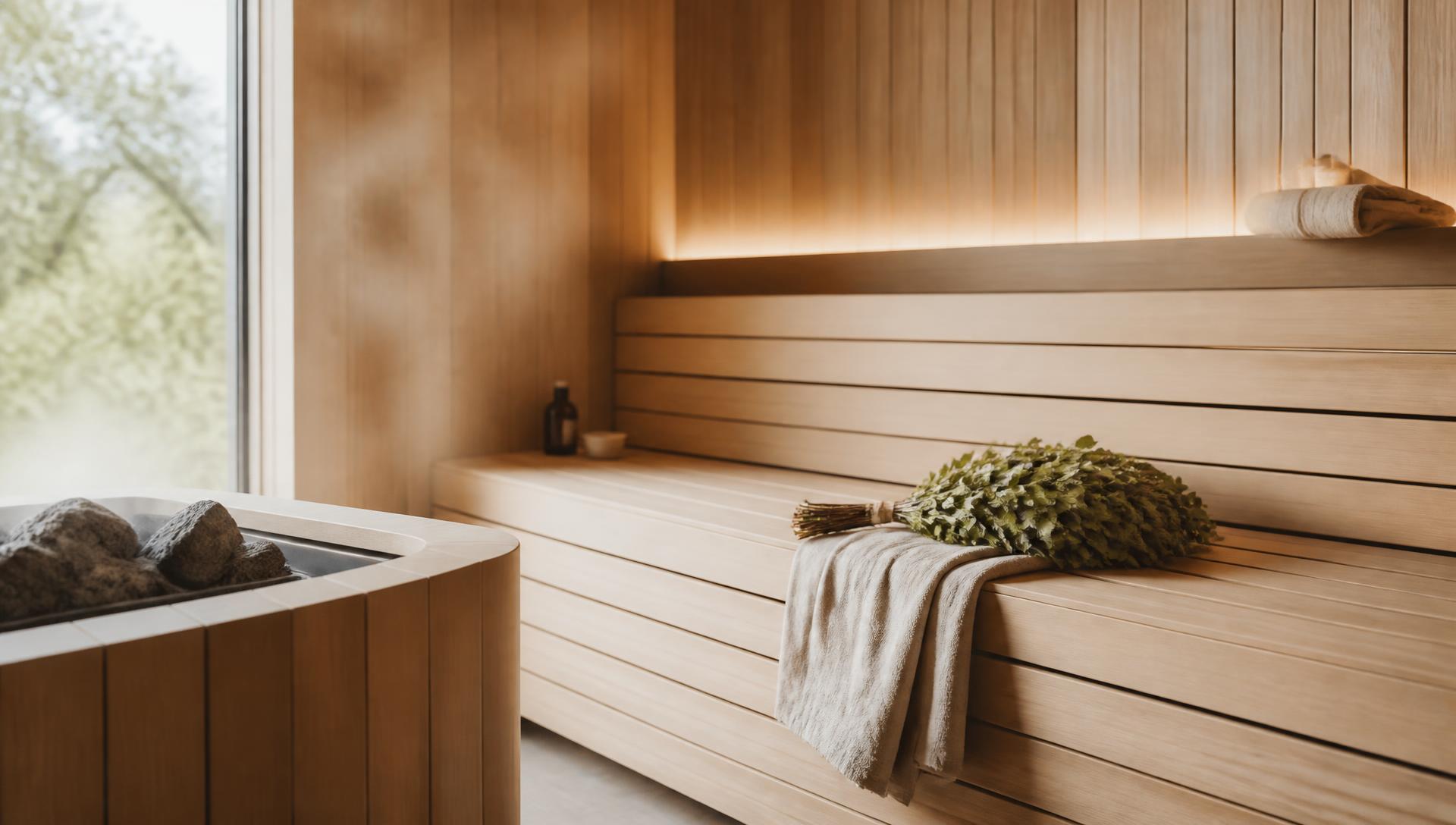 Moderne Sauna mit warmem Holz und weichem Licht